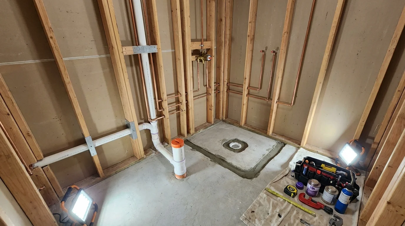 Bathroom rough-in plumbing during remodel by Johns Plumbing LLC in Silver Bay