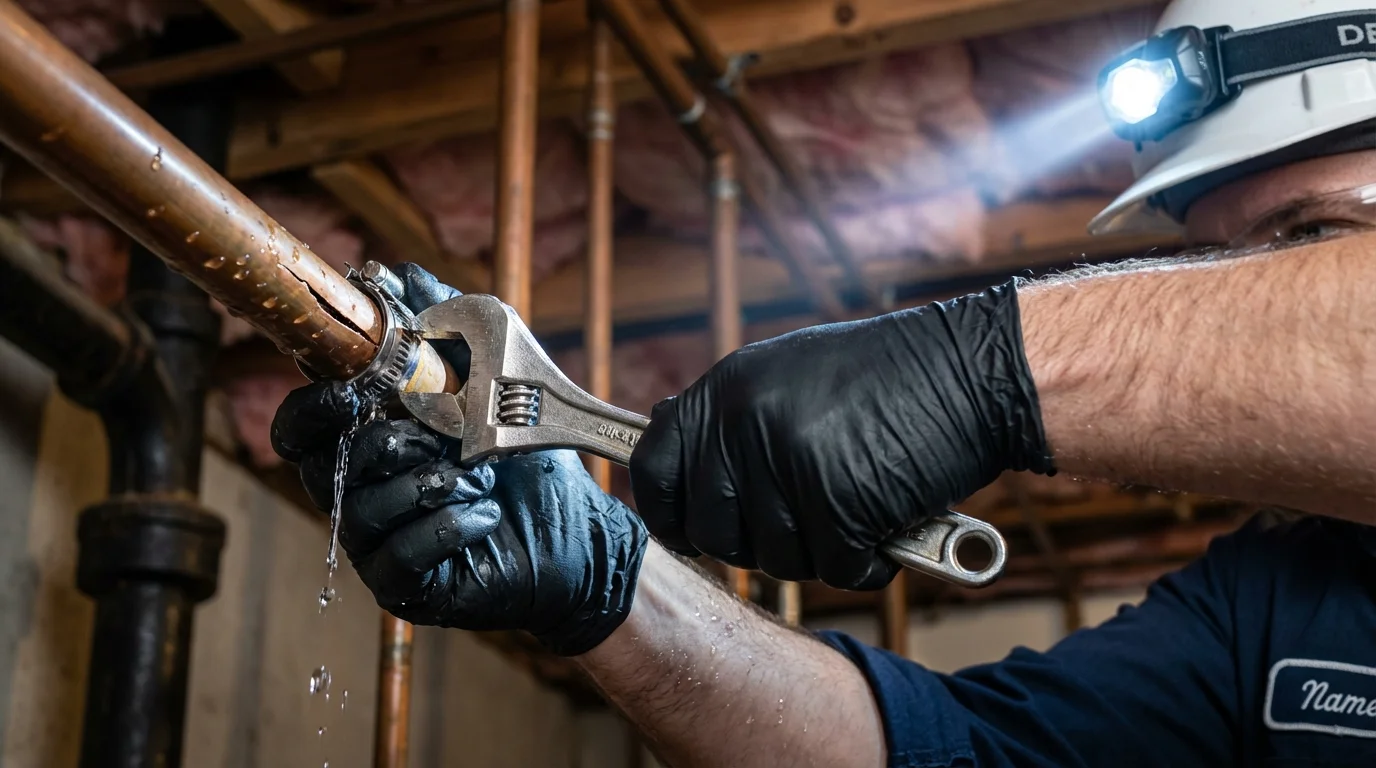 Emergency pipe clamp repair being performed by a Johns Plumbing LLC plumber in Silver Bay