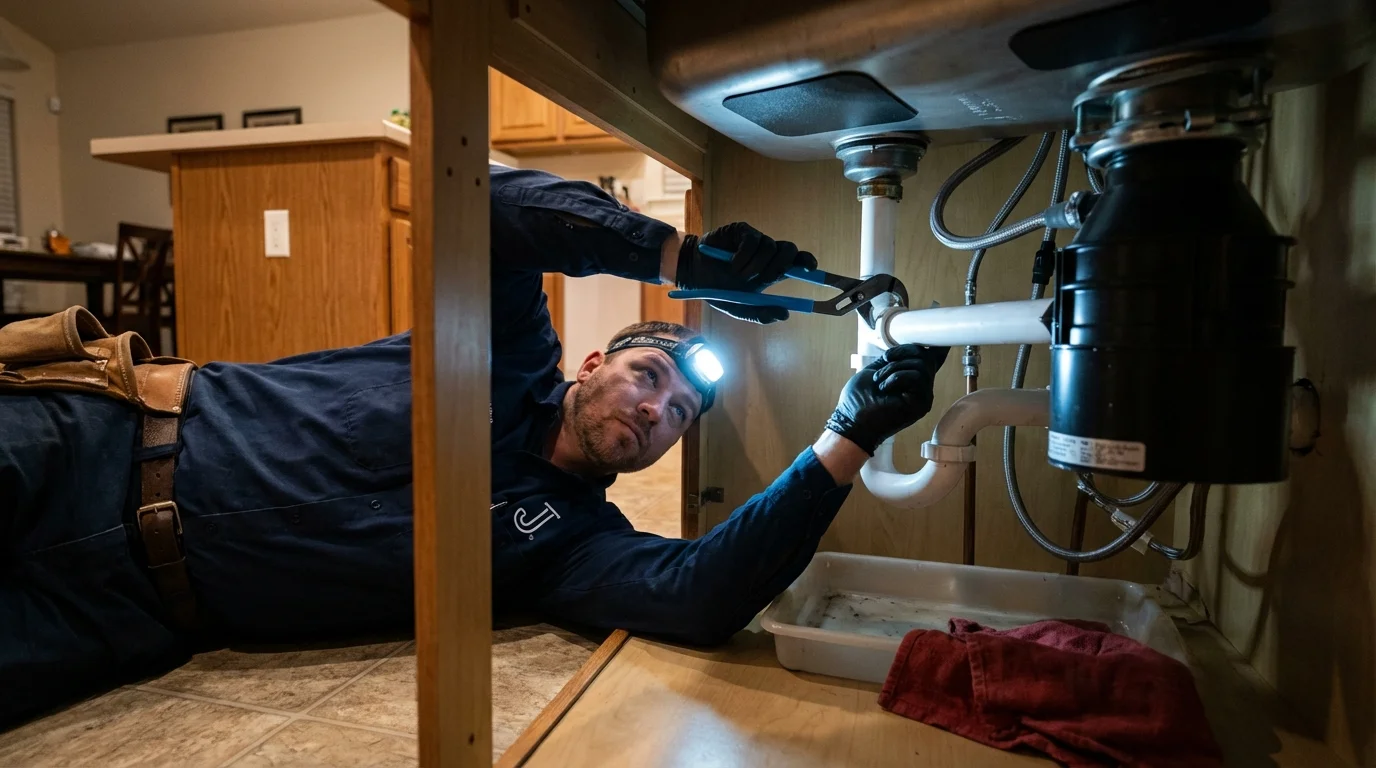 P-trap and supply line connections under a kitchen sink showing a common leak point in Silver Bay, MN